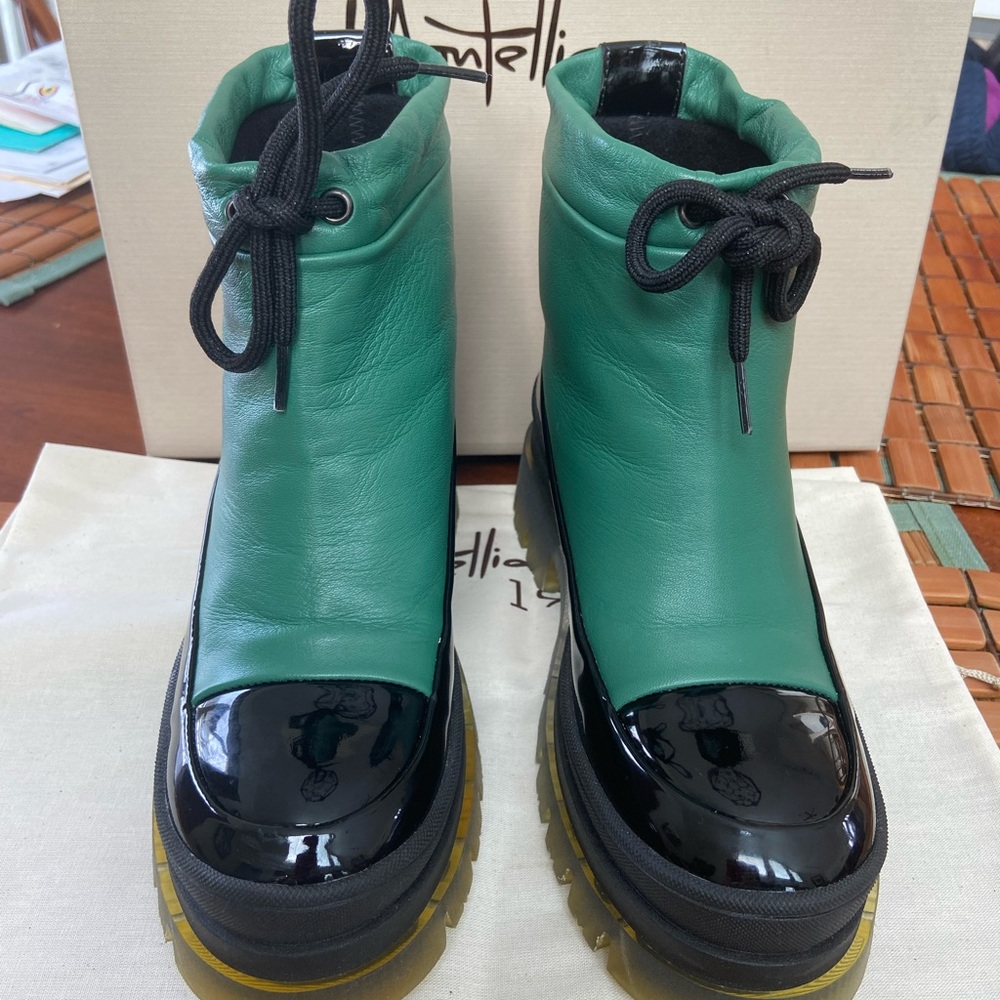 Montelliana 1965 Green/Black Patent Leather Wool-lined Ankle Boots Sz 36